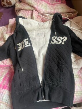 GUESS Black Quilted Zip Hoodie with White Sherpa Interior